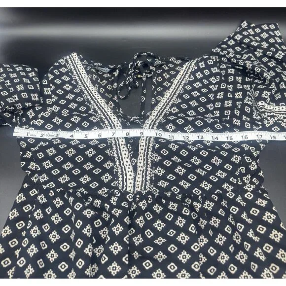 Womens Black White Bell Sleeve Mini Dress Large Boho Peasant Hippie Festival - Picture 8 of 9